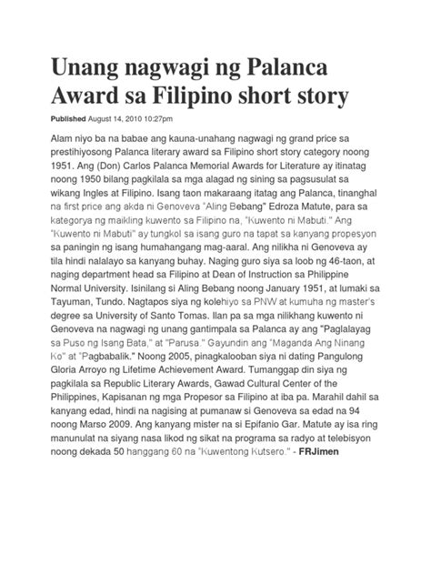 maikling kwento na nanalo sa gawad palanca awards 2015|Mga Tomasino, panalo sa Palanca Awards .